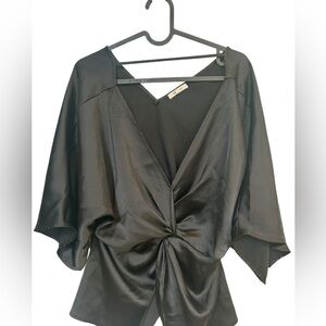 Pleione Black Satin Knot-Front V-Neck Blouse
